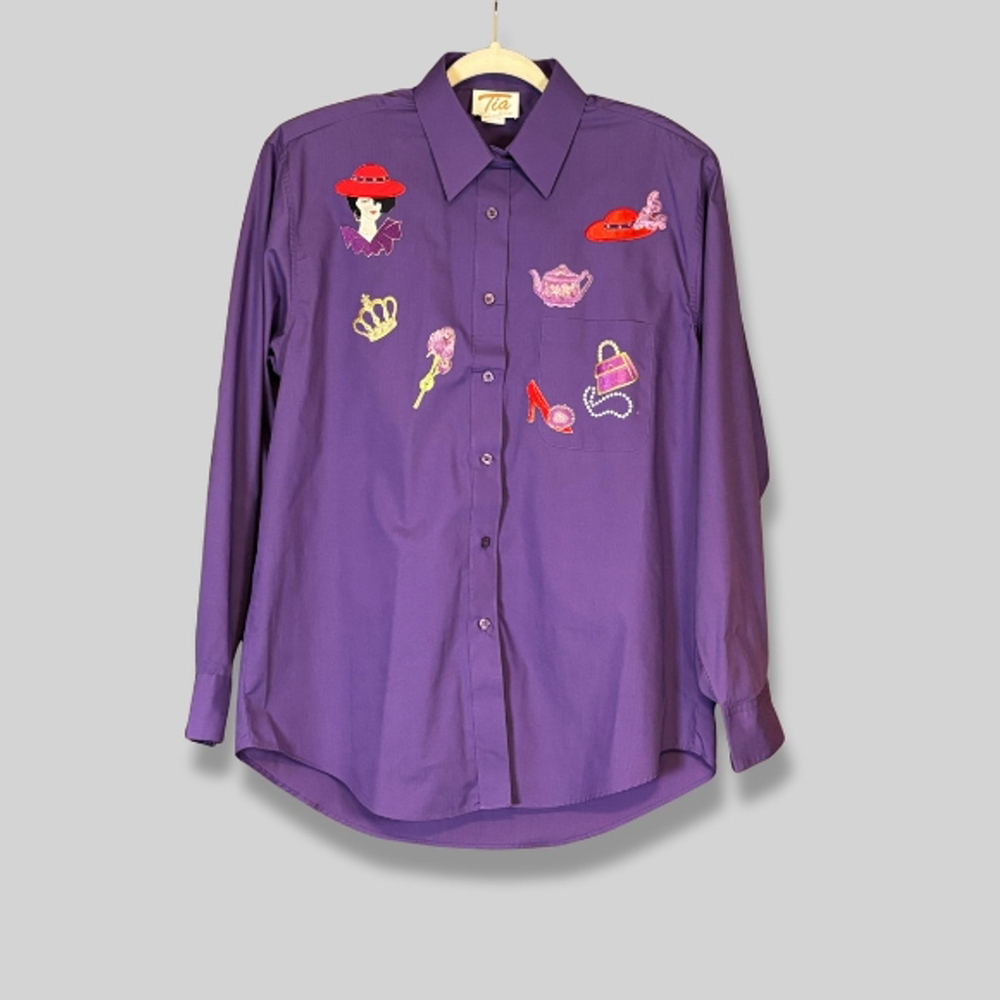 Vintage Tia Designs Shirt Applique Pinstripe Embroidered Novelty Purple W Large